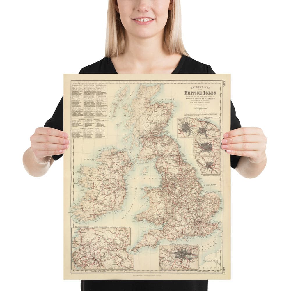 Old Map of Railways & Canals in British Isles 1872 by Fullarton - Colour Train Map of England, Ireland, Scotland, Wales