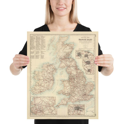 Old Map of Railways & Canals in British Isles 1872 by Fullarton - Colour Train Map of England, Ireland, Scotland, Wales