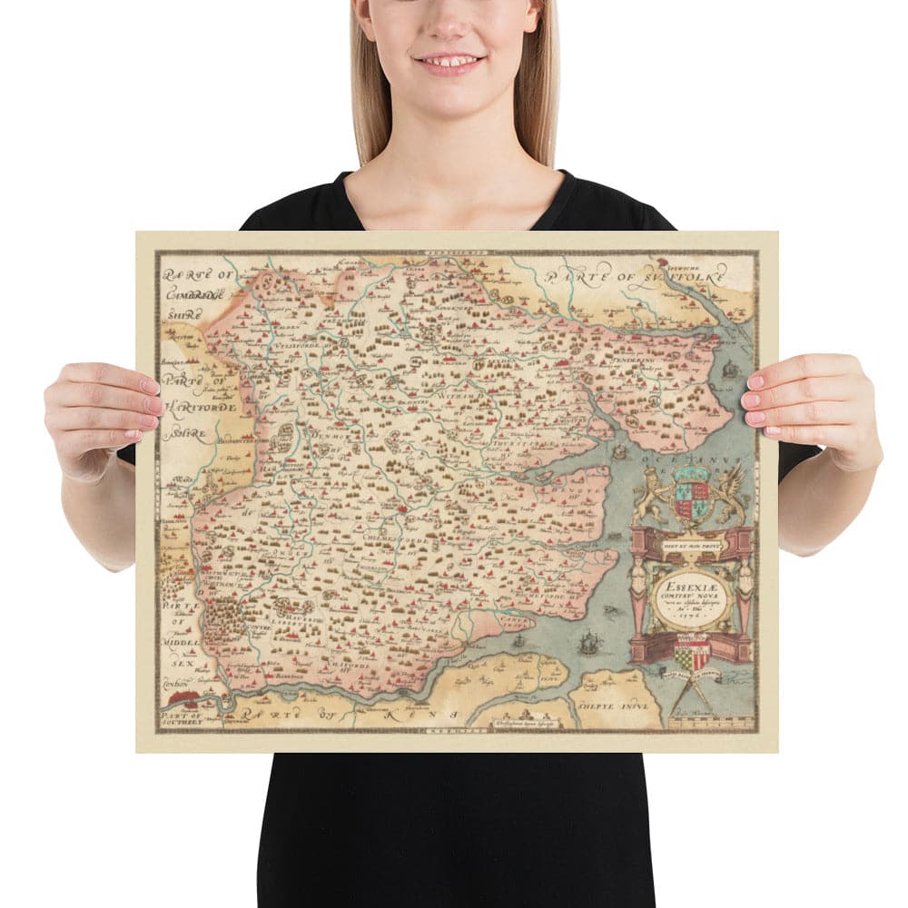 Old Map of Essex 1579 by Christopher Saxton - First Map of Essex -  Southend, Colchester, Chelmsford, Romford, Dagenham, Brentwood