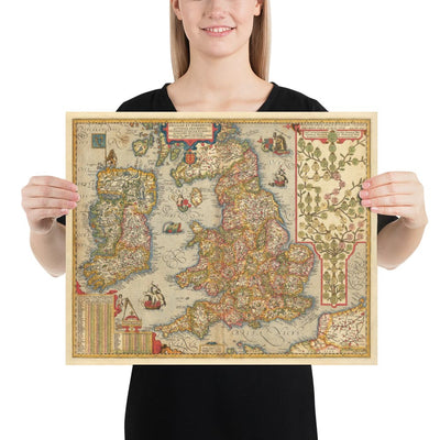 Alte Farbkarte von England und Irland im Jahr 1605 von Abraham Ortelius - Geschichte & Monarchie Stammbaum - Stuarts, Tudors, Plantagenets 