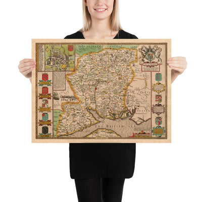 Old Map of Hampshire, 1611 by John Speed -  Winchester, Portsmouth, Southampton, Basingstoke