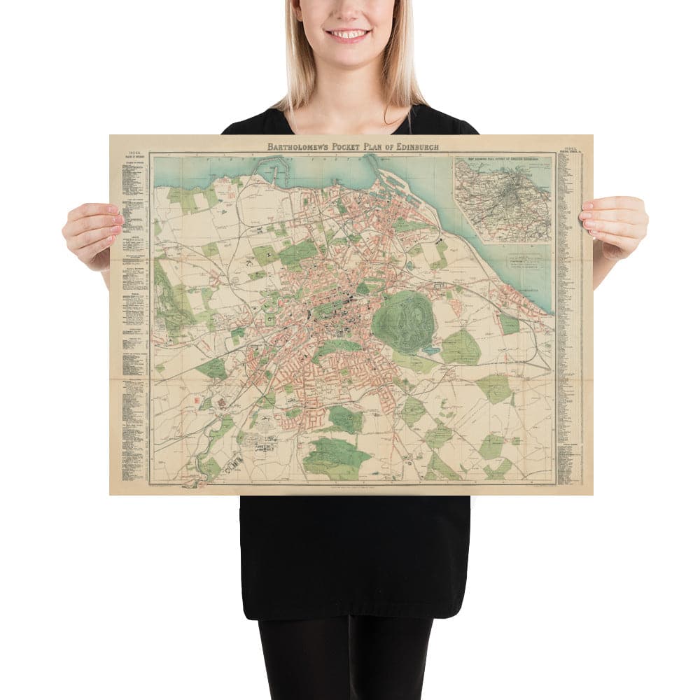 Raro mapa antiguo de Edimburgo - Plano de bolsillo de Bartholomew, 1921 - Leith, Murrayfield, Portobello, Morningside