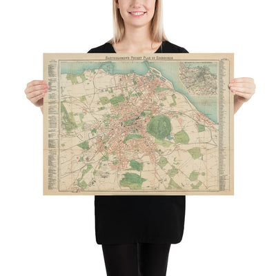 Raro mapa antiguo de Edimburgo - Plano de bolsillo de Bartholomew, 1921 - Leith, Murrayfield, Portobello, Morningside