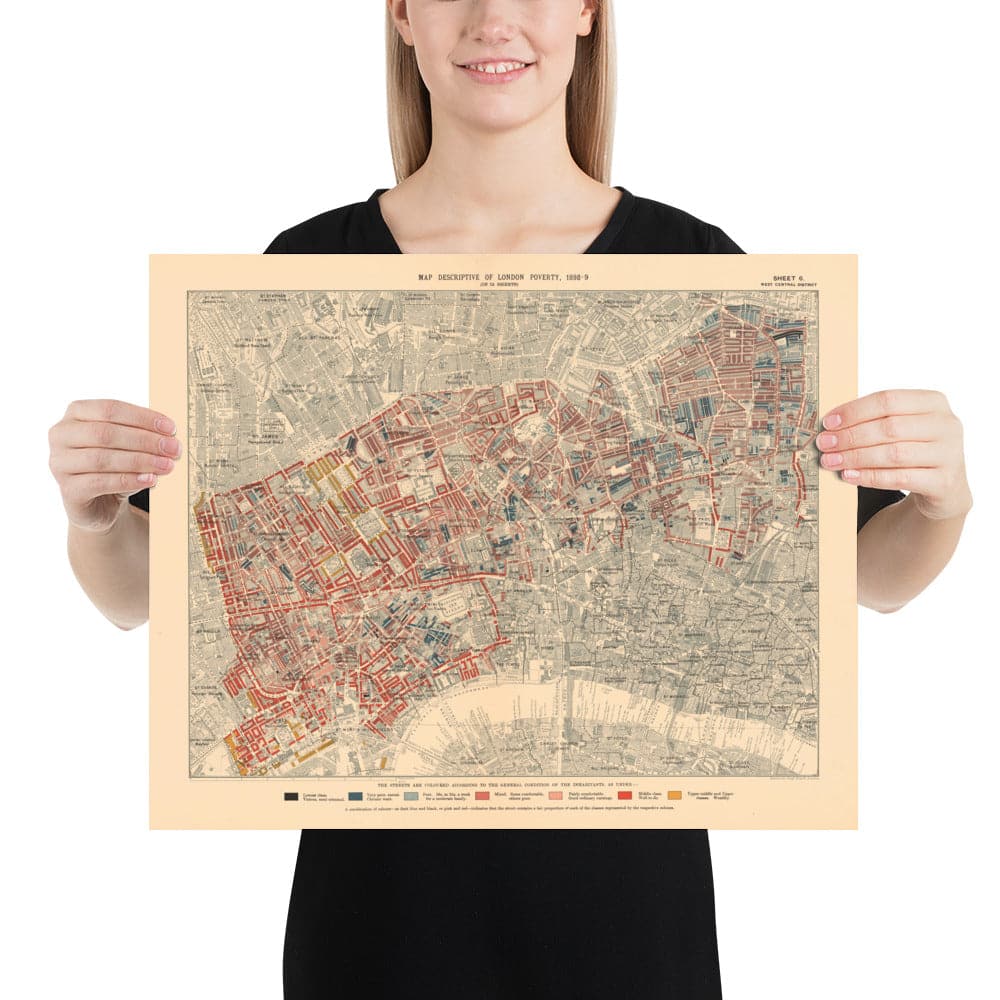 Carte de la pauvreté de Londres 1898-9, West Central District, par Charles Booth - Westminster, Camden, City of London, Islington - W1, WC1, WC2, EC1, N1