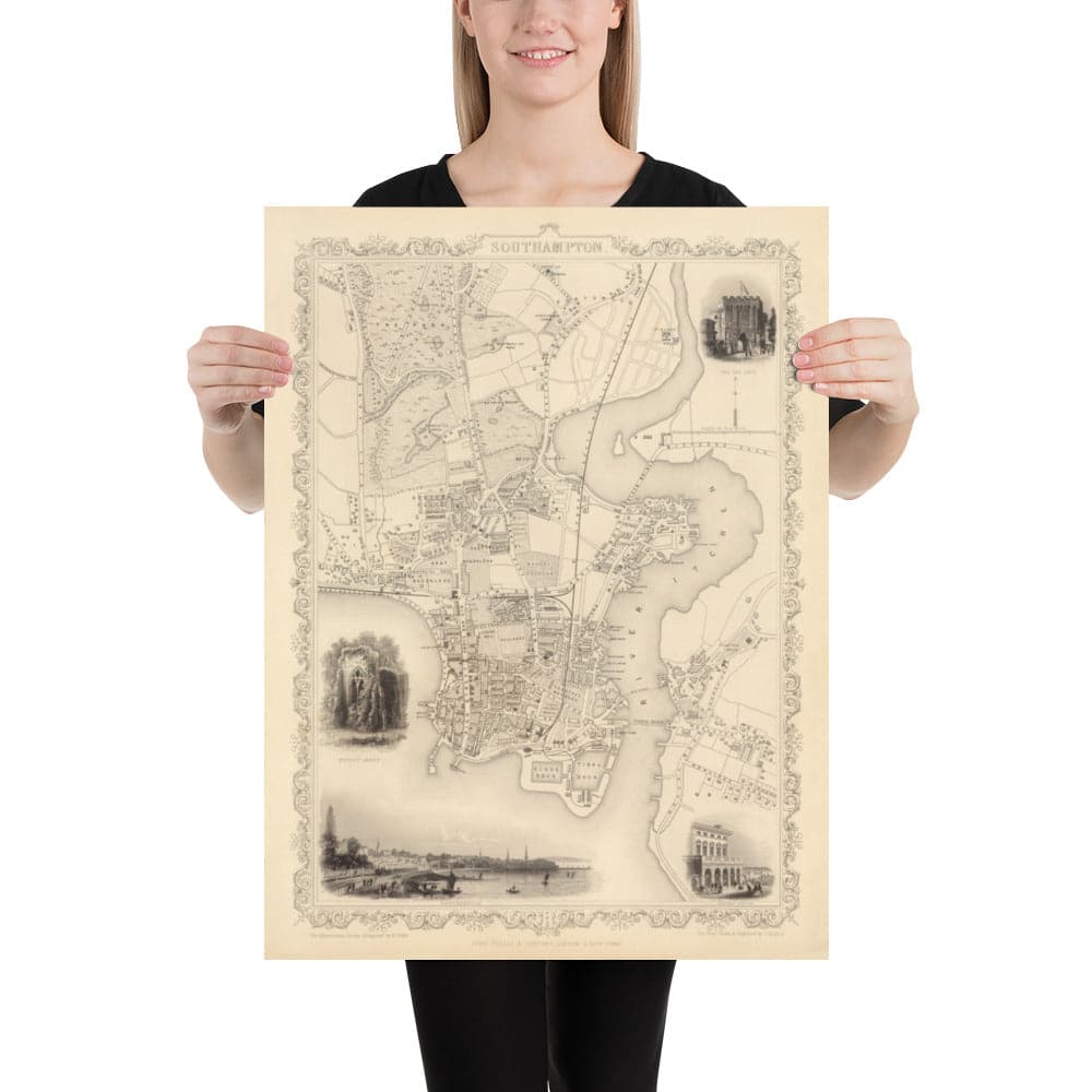 Old Map of Southampton in 1851 by Tallis & Rapkin - City Centre, River Itchen, Chapel, Docks, Ocean Village