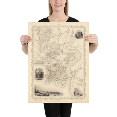Old Map of Southampton in 1851 by Tallis & Rapkin - City Centre, River Itchen, Chapel, Docks, Ocean Village