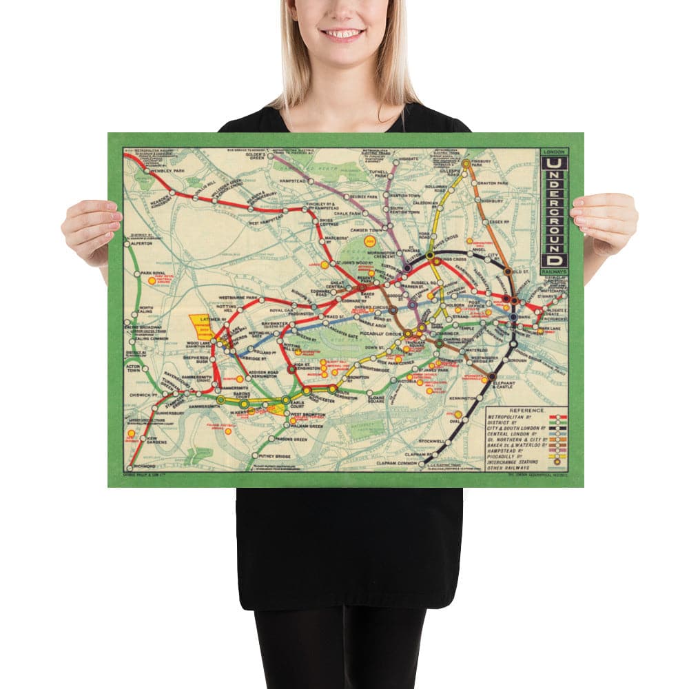 Rare Old London Underground Tube Map, 1912 - Oxford Circus, Piccadilly, Bank, Central Line