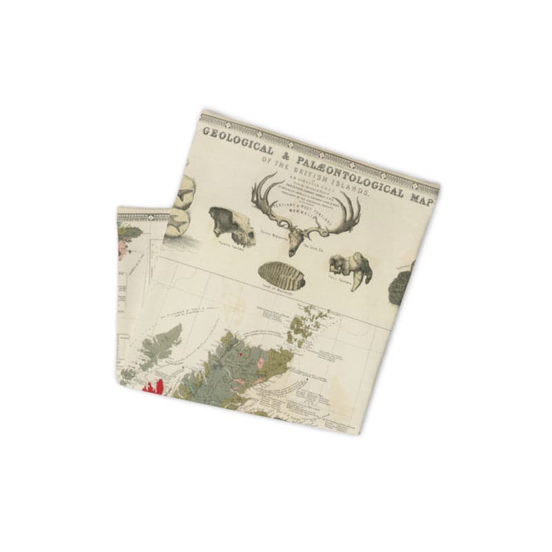 Máscara escocesa / Pañuelo para el cuello con un mapa antiguo del mapa geológico y paleontológico de las Islas Británicas (Escocia) de 1854, por A.K. Johnston y Edward Forbes