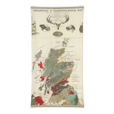 Máscara escocesa / Pañuelo para el cuello con un mapa antiguo del mapa geológico y paleontológico de las Islas Británicas (Escocia) de 1854, por A.K. Johnston y Edward Forbes
