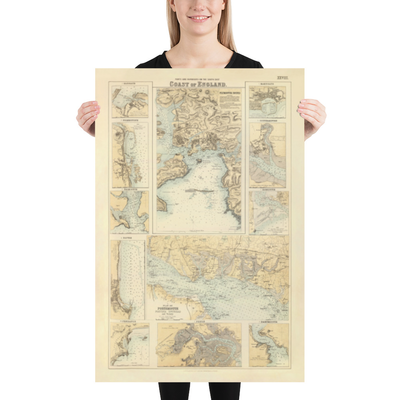 Antiguo mapa de los puertos del sureste de Inglaterra, 1872 por Fullarton - Margate, Dover, Falmouth, Folkestone, Portsmouth