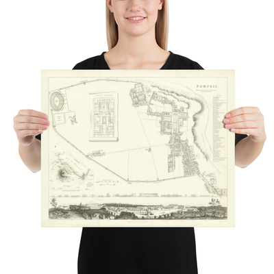 Mapa antiguo de Pompeya en 1832 por SDUK - Monte Vesubio, Casa de Pansa, Foro, Teatro Grande, Casa de los Vettii, Casa del Fauno