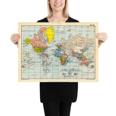 Antiguo Mapa Colonial del Mundo, 1912 por Cambridge Publishing - Imperio Británico, Imperio Francés, Imperio Holandés, Imperio Chino, Imperio Español
