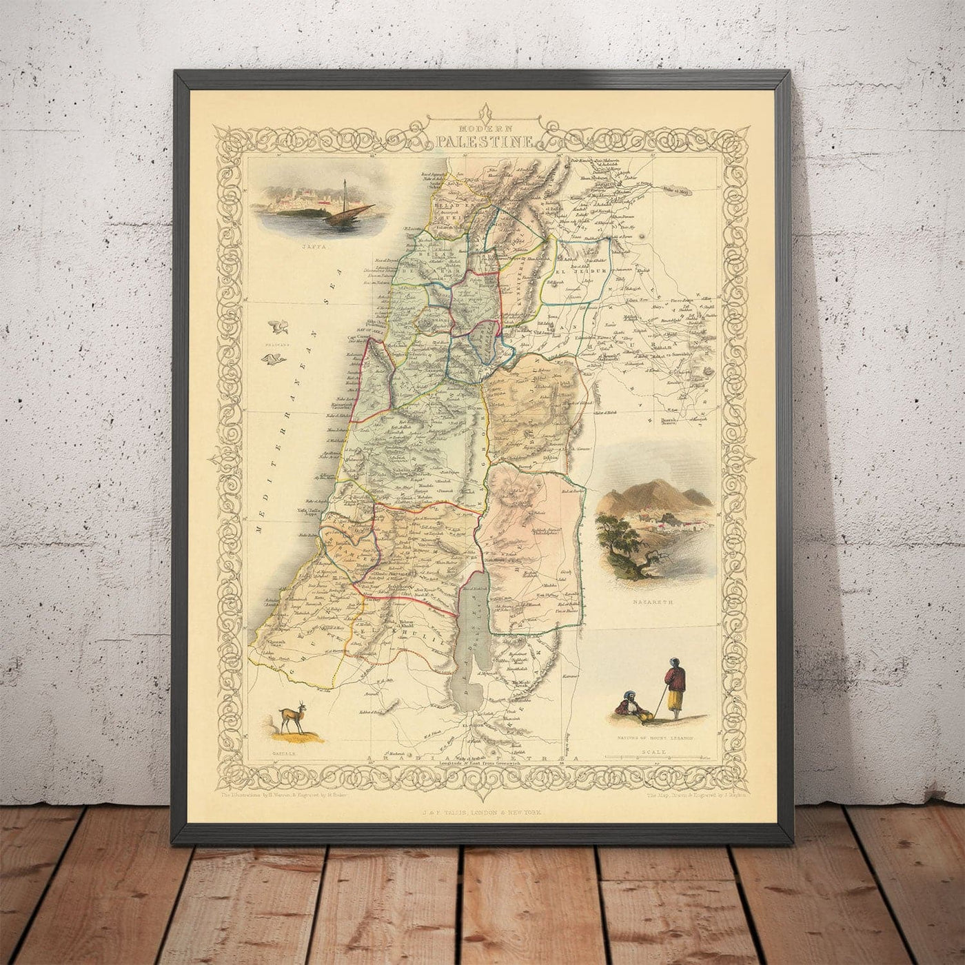 Ancienne carte de la Palestine en 1851 - Israël, Cisjordanie, Gaza, Nazareth, Naplouse, Haïfa, Jérusalem