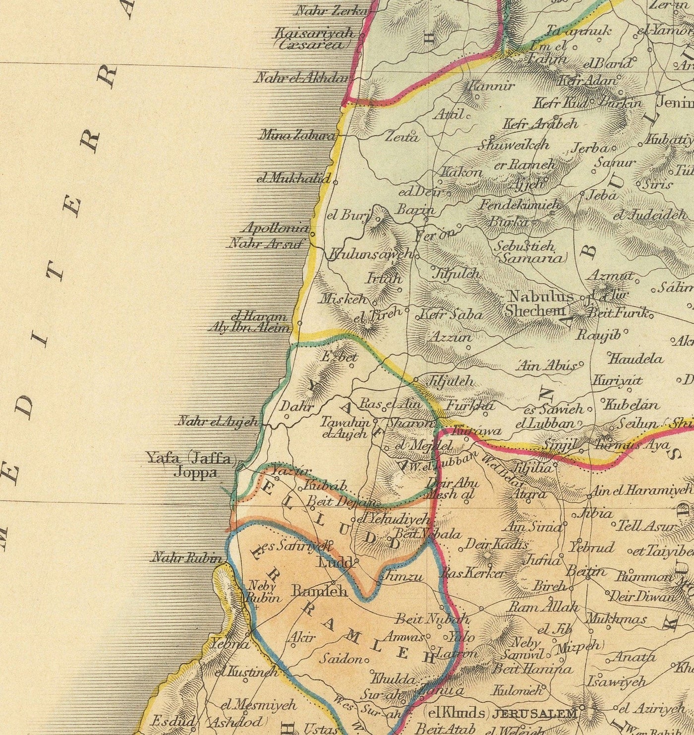 Ancienne carte de la Palestine en 1851 - Israël, Cisjordanie, Gaza, Nazareth, Naplouse, Haïfa, Jérusalem