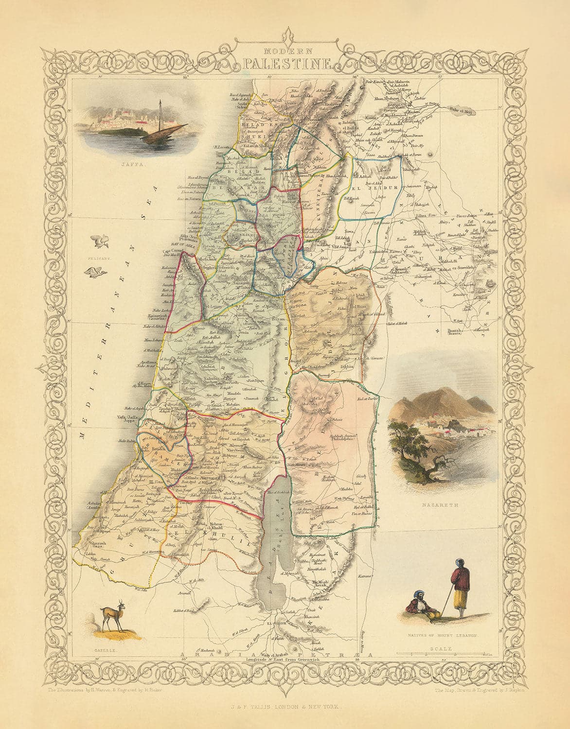 Ancienne carte de la Palestine en 1851 - Israël, Cisjordanie, Gaza, Nazareth, Naplouse, Haïfa, Jérusalem