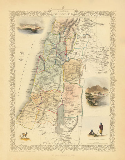 Ancienne carte de la Palestine en 1851 - Israël, Cisjordanie, Gaza, Nazareth, Naplouse, Haïfa, Jérusalem
