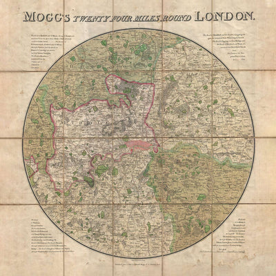 London Face Mask / Neck Gaiter with vintage map print of Mogg's 24 miles around London, 1820