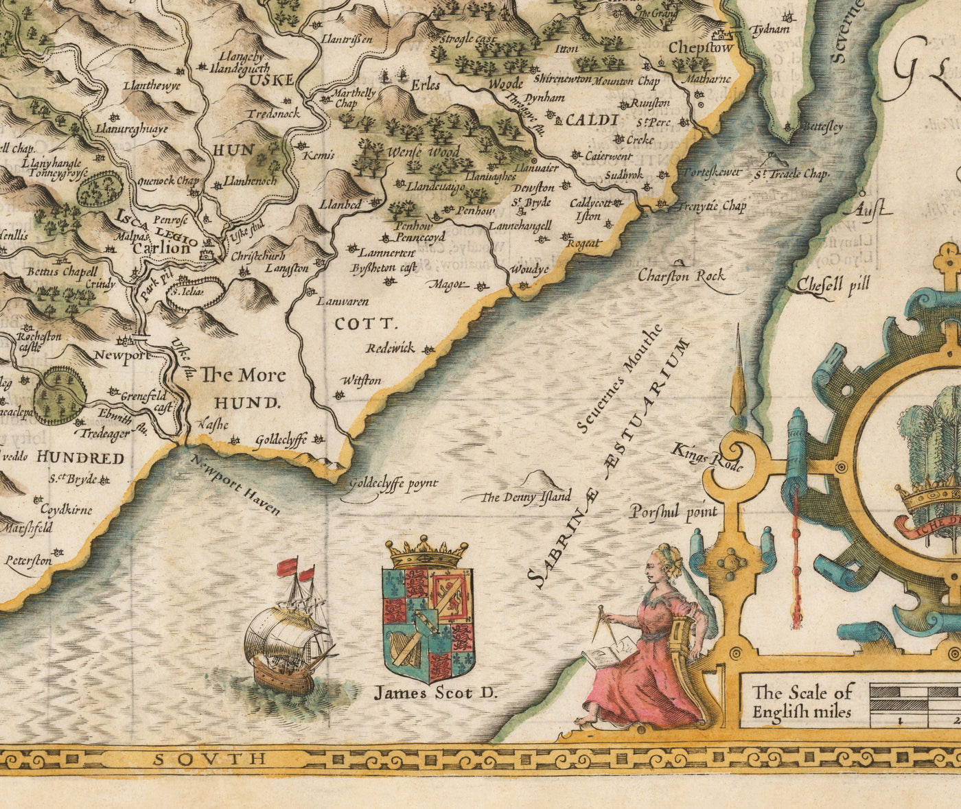Old Map of Monmouthshire, Wales, 1611 by John Speed - Abergavenny, Caldicot, Chepstow, Monmouth, Magor