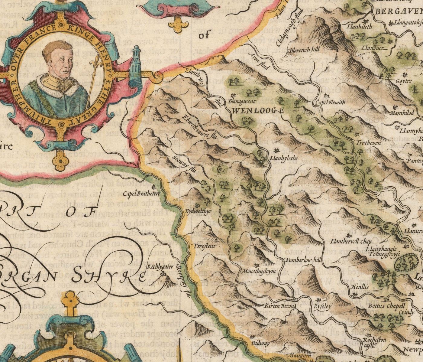 Old Map of Monmouthshire, Wales, 1611 by John Speed - Abergavenny, Caldicot, Chepstow, Monmouth, Magor