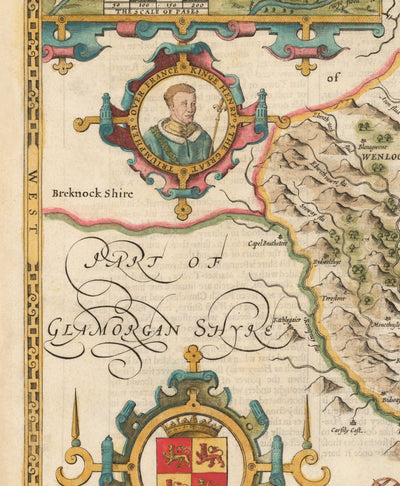 Old Map of Monmouthshire, Wales, 1611 by John Speed - Abergavenny, Caldicot, Chepstow, Monmouth, Magor