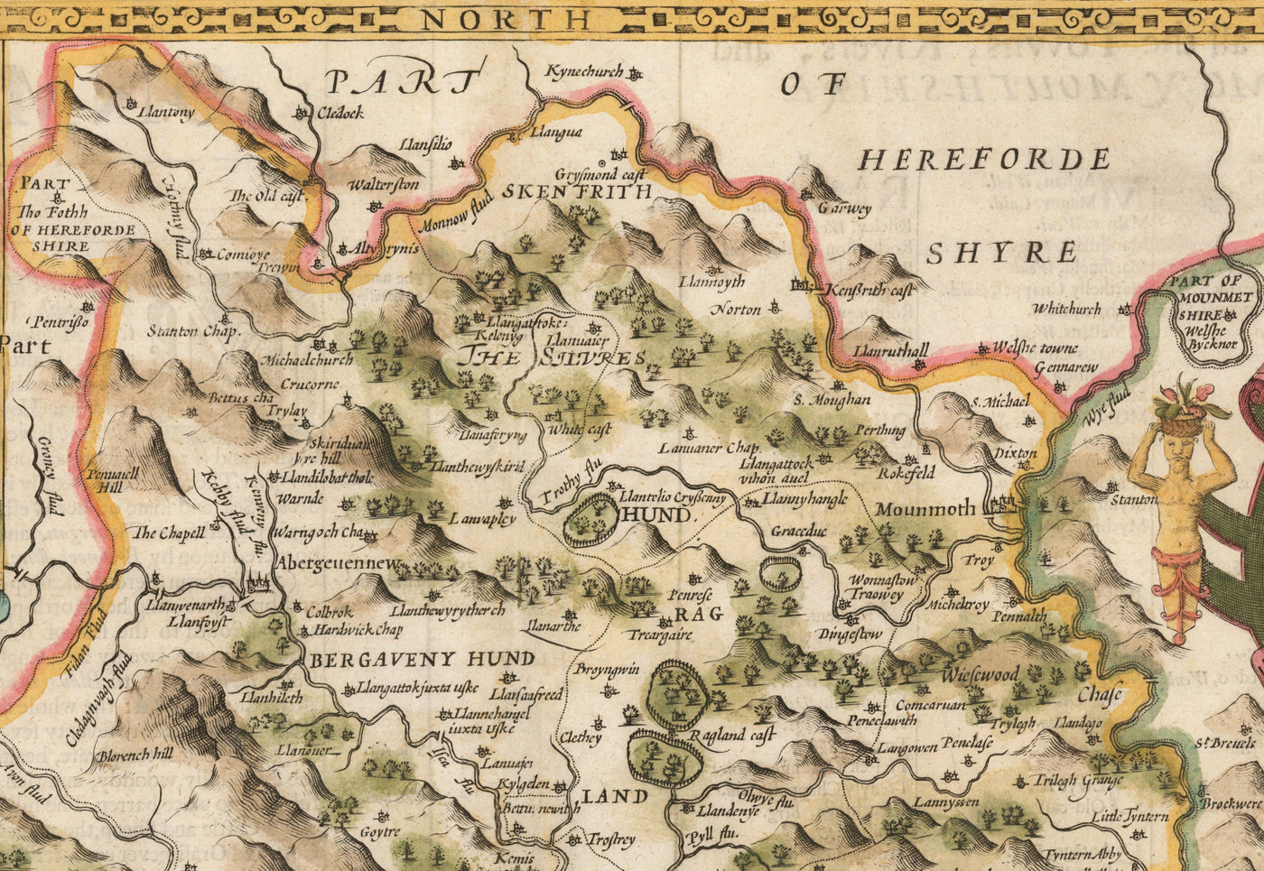 Old Map of Monmouthshire, Wales, 1611 by John Speed - Abergavenny, Caldicot, Chepstow, Monmouth, Magor