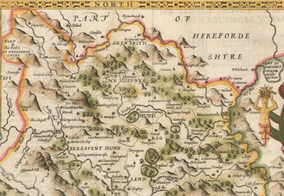 Old Map of Monmouthshire, Wales, 1611 by John Speed - Abergavenny, Caldicot, Chepstow, Monmouth, Magor