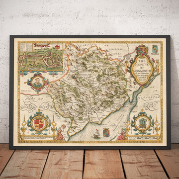 Ancienne carte de Monmouthshire, Pays de Galles, 1611 par John Speed ​​- Abergavenny, Caldicot, Chepstow, Monmouth, Magoul
