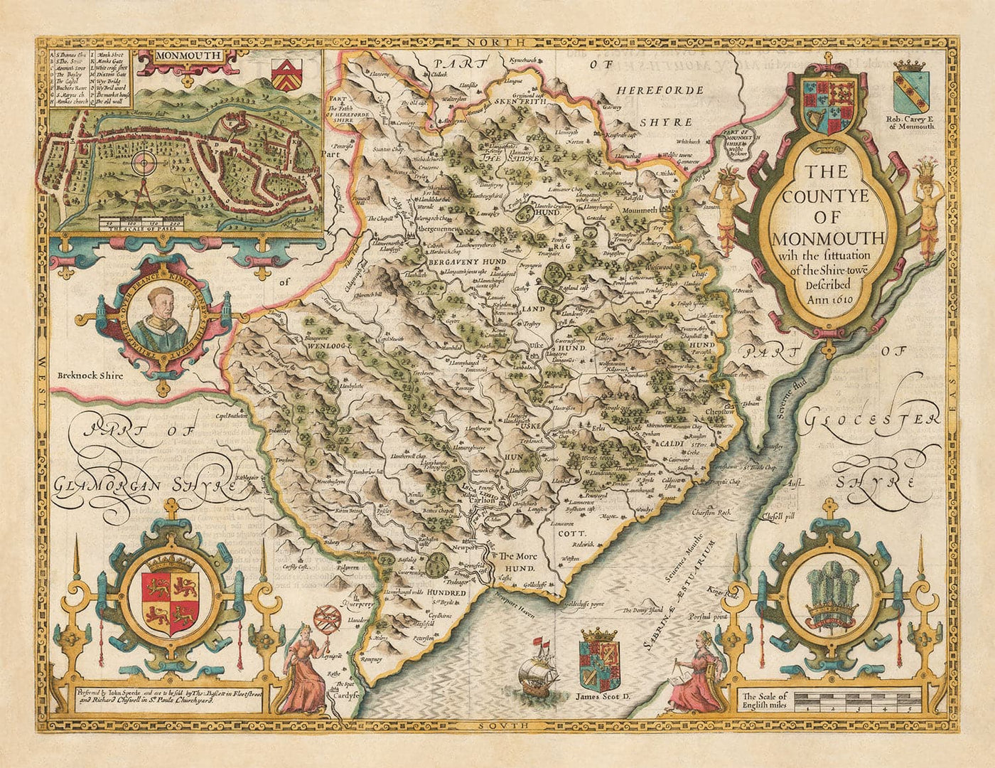 Old Map of Monmouthshire, Wales, 1611 by John Speed - Abergavenny, Caldicot, Chepstow, Monmouth, Magor