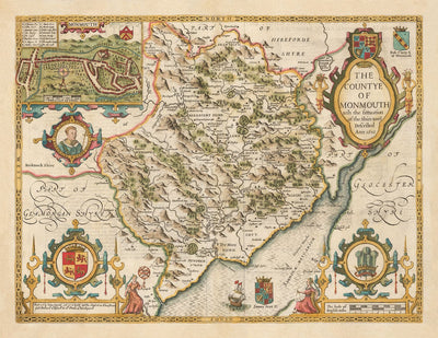 Old Map of Monmouthshire, Wales, 1611 by John Speed - Abergavenny, Caldicot, Chepstow, Monmouth, Magor