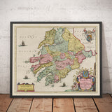Ancienne carte de Munster, Irlande en 1665 par Joan Blaaeu - County Cork, Clare, Kerry, Limerick, Tipperary, Southwest Eire