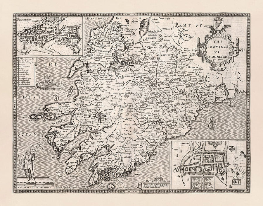 Vieille carte monochrome de Munster, Irlande en 1611 par John Speed ​​- County Cork, Clare, Kerry, Limerick, Tipperary, Waterford, Dingle