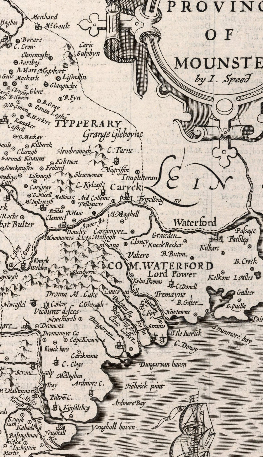 Vieille carte monochrome de Munster, Irlande en 1611 par John Speed ​​- County Cork, Clare, Kerry, Limerick, Tipperary, Waterford, Dingle