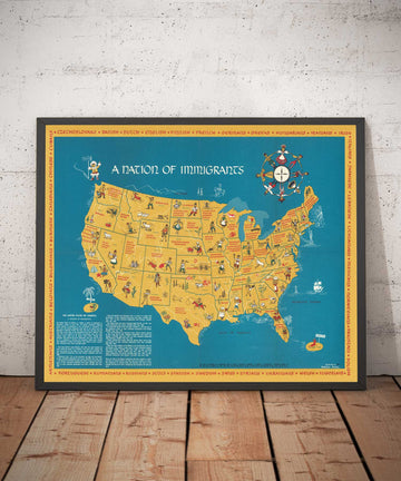 Antiguo mapa de inmigrantes de EE.UU., 1959, de Passal: irlandeses, italianos, rusos, ingleses, alemanes, españoles, mexicanos y chinos.