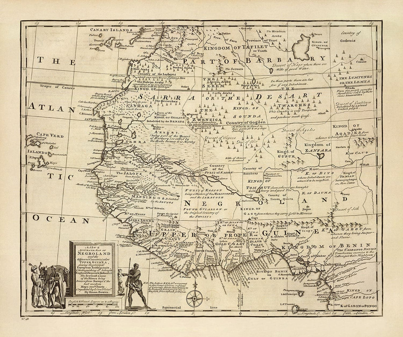 Mapa antiguo de Negroland, 1747 por Bowen - África occidental pre-colonial - Comercio de esclavos, Costa de Marfil, Costa de Oro