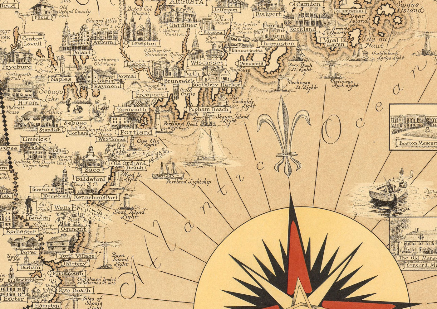 Old Pictorial Map of New England, USA, 1939 by Ernest Dudley Chase - Maine, Vermont, New Hampshire, Massachusetts, Connecticut, Rhode Island