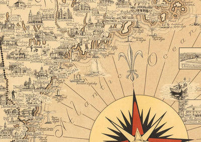 Old Pictorial Map of New England, USA, 1939 by Ernest Dudley Chase - Maine, Vermont, New Hampshire, Massachusetts, Connecticut, Rhode Island