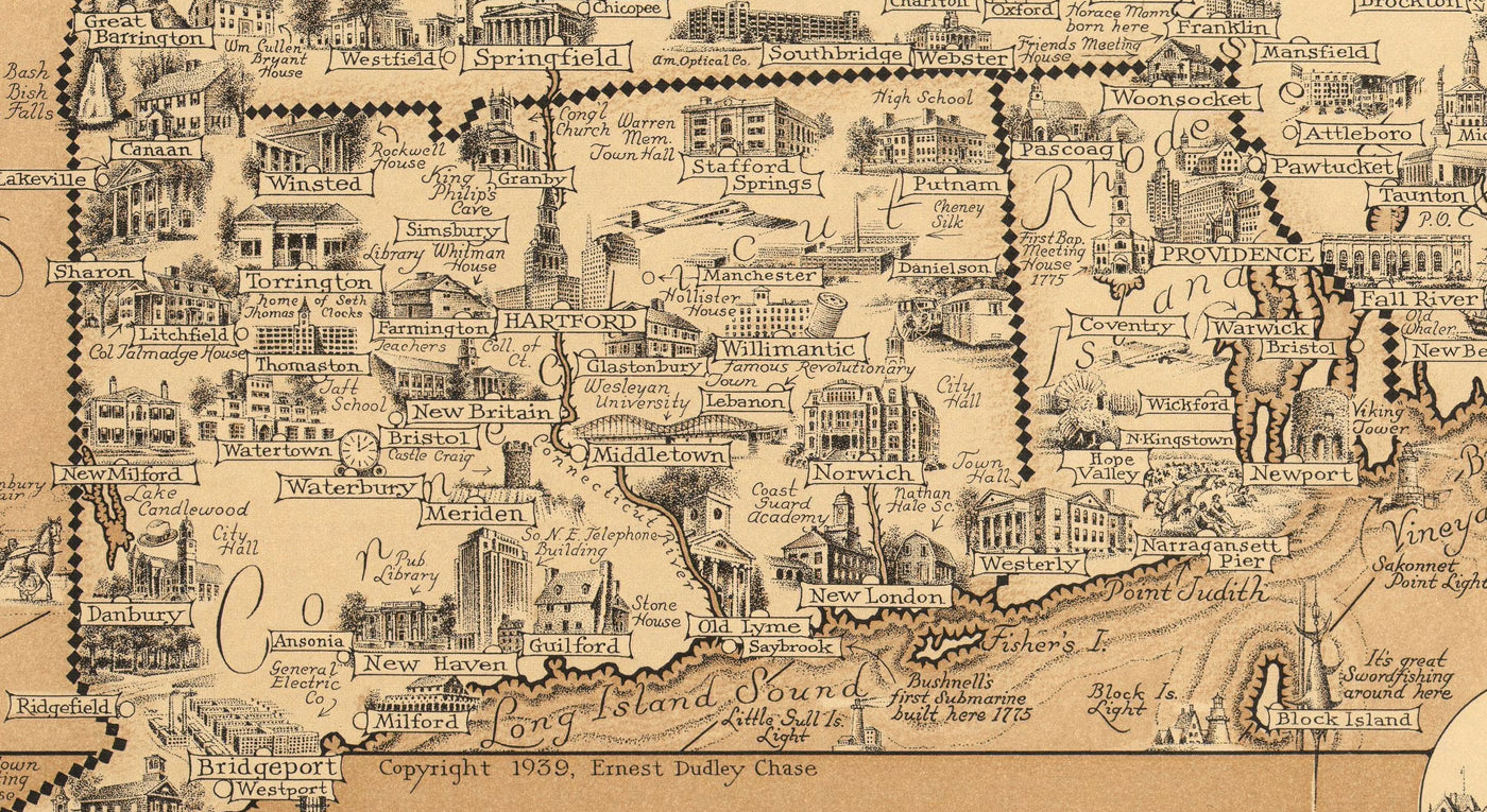 Old Pictorial Map of New England, USA, 1939 by Ernest Dudley Chase - Maine, Vermont, New Hampshire, Massachusetts, Connecticut, Rhode Island