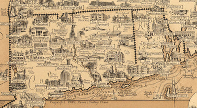 Old Pictorial Map of New England, USA, 1939 by Ernest Dudley Chase - Maine, Vermont, New Hampshire, Massachusetts, Connecticut, Rhode Island