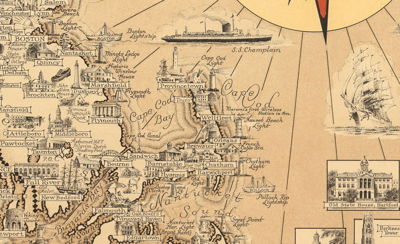 Old Pictorial Map of New England, USA, 1939 by Ernest Dudley Chase - Maine, Vermont, New Hampshire, Massachusetts, Connecticut, Rhode Island