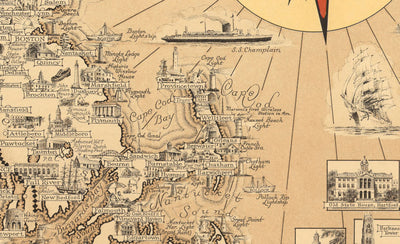 Old Pictorial Map of New England, USA, 1939 by Ernest Dudley Chase - Maine, Vermont, New Hampshire, Massachusetts, Connecticut, Rhode Island