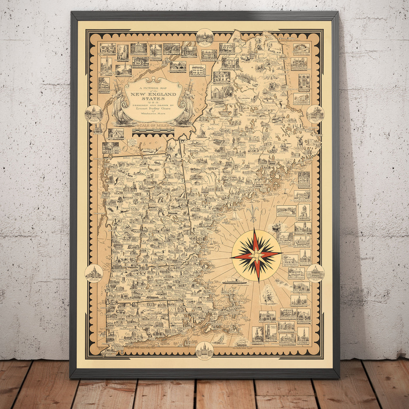 Old Pictorial Map of New England, USA, 1939 by Ernest Dudley Chase - Maine, Vermont, New Hampshire, Massachusetts, Connecticut, Rhode Island
