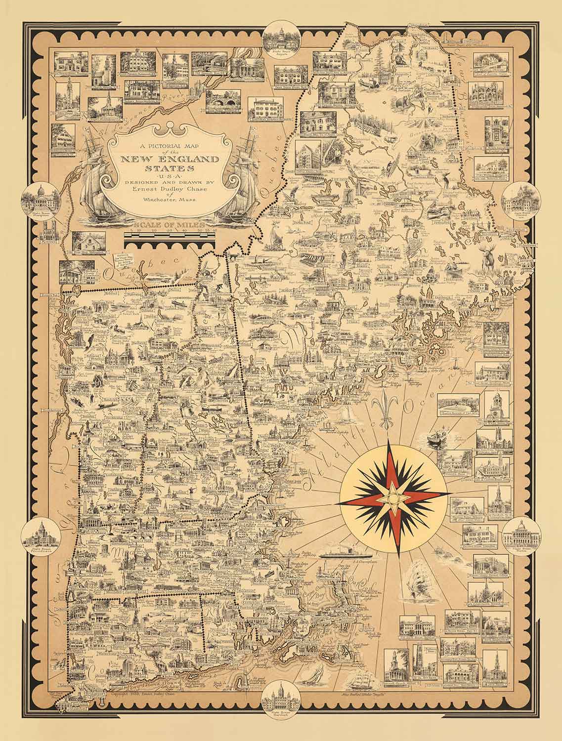 Old Pictorial Map of New England, USA, 1939 by Ernest Dudley Chase - Maine, Vermont, New Hampshire, Massachusetts, Connecticut, Rhode Island