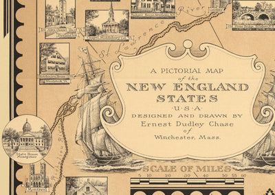 Old Pictorial Map of New England, USA, 1939 by Ernest Dudley Chase - Maine, Vermont, New Hampshire, Massachusetts, Connecticut, Rhode Island