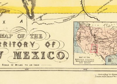 Old Map of New Mexico Territory, USA, 1873 - Land Grants, Rio Grande, Native Americans, Sante Fe, Rocky Mountains