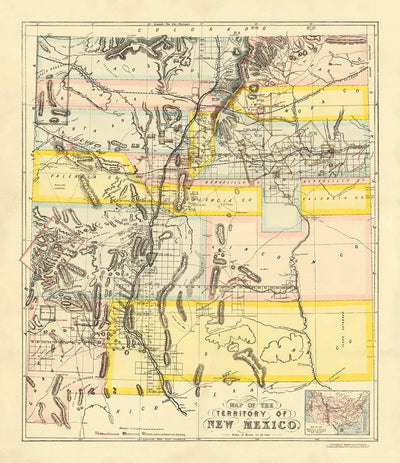 Old Map of New Mexico Territory, USA, 1873 - Land Grants, Rio Grande, Native Americans, Sante Fe, Rocky Mountains