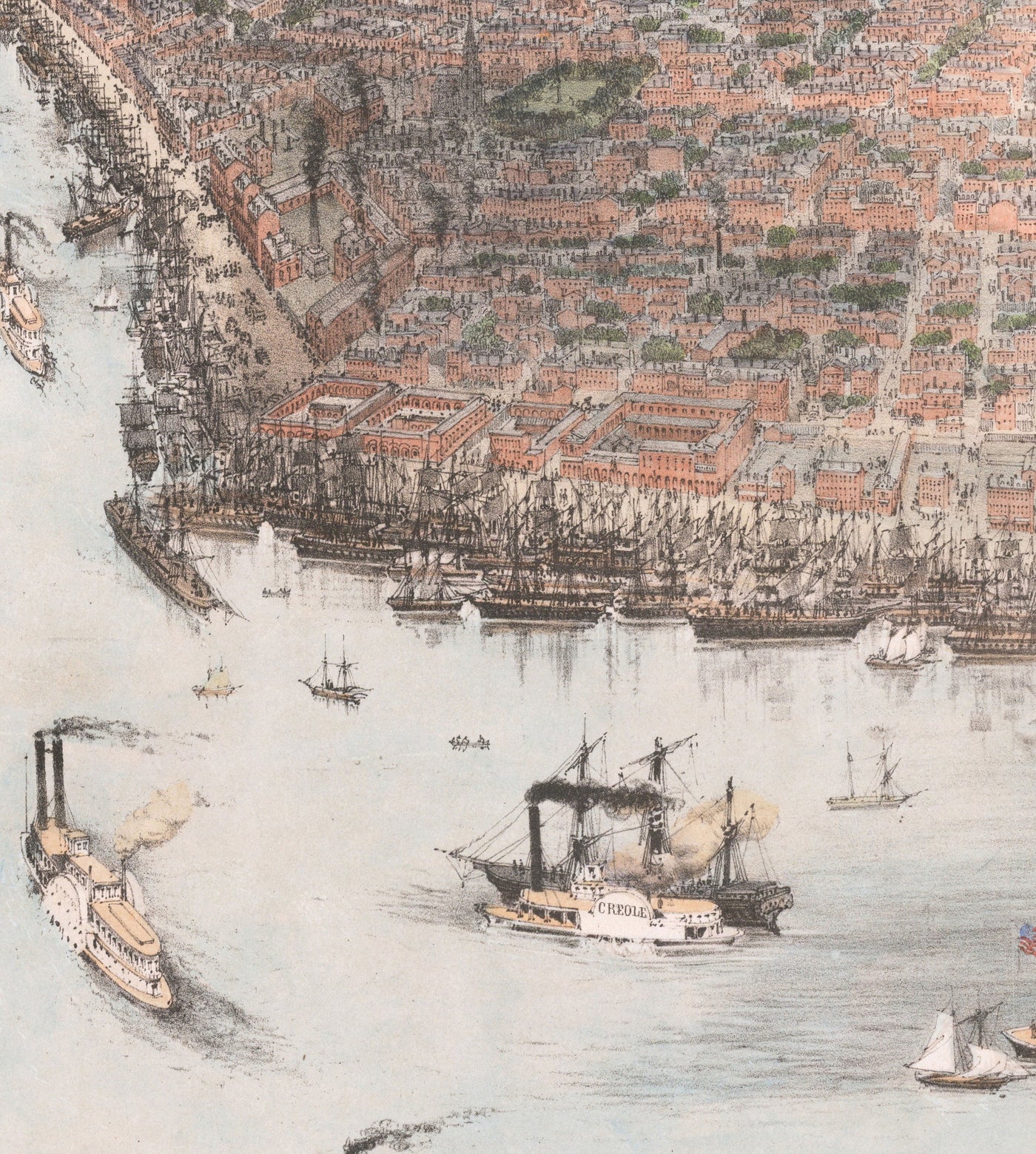 Old Birds Eye Map of New Orleans in 1851 - French Quarter, CBD, Treme, Mississippi River, St Louis Cathedral, Jackson Square