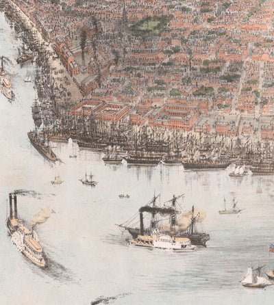 Old Birds Eye Map of New Orleans in 1851 - French Quarter, CBD, Treme, Mississippi River, St Louis Cathedral, Jackson Square