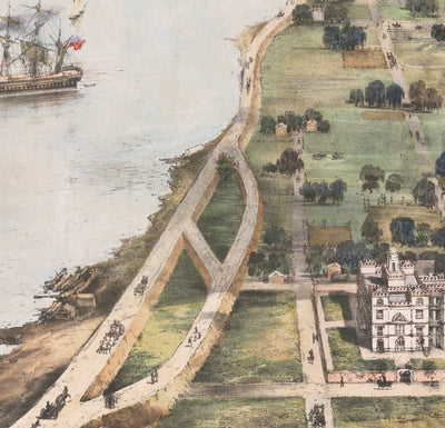 Old Birds Eye Map of New Orleans in 1851 - French Quarter, CBD, Treme, Mississippi River, St Louis Cathedral, Jackson Square