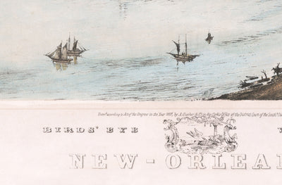 Old Birds Eye Map of New Orleans in 1851 - French Quarter, CBD, Treme, Mississippi River, St Louis Cathedral, Jackson Square