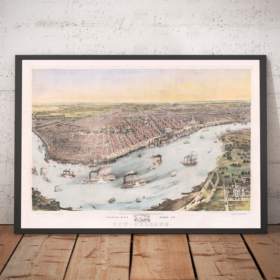 Vecchia mappa Birds Eye di New Orleans nel 1851 - Quartiere Francese, CBD, Treme, fiume Mississippi, Cattedrale di St Louis, Jackson Square 